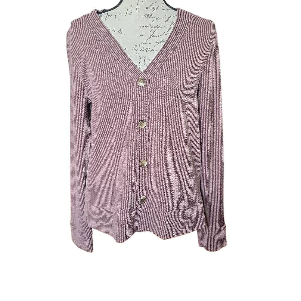 Kaileigh Womens Size Large Mauve Brown V-Neck Ribbed Button Long Sleeve Knit Top